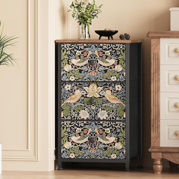 Dresser with 3 Drawers Strawberry Thief Drawer Dresser for Bedroom Vintage Nightstand Small Dressers & Chests of Drawer for Halfway Entryway Living Room Sturdy Steel Frame Wood Top, Brown