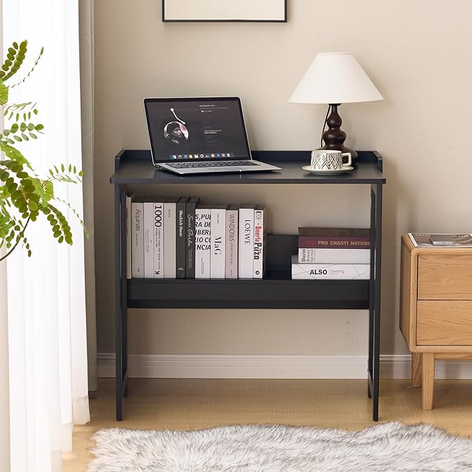 Folding Table with Storage Shelf,32.7 Inch Foldable Computer Desk for Small Spaces,Small Writing Desk for Bedroom Home Office Dorm and Apartment (Black)