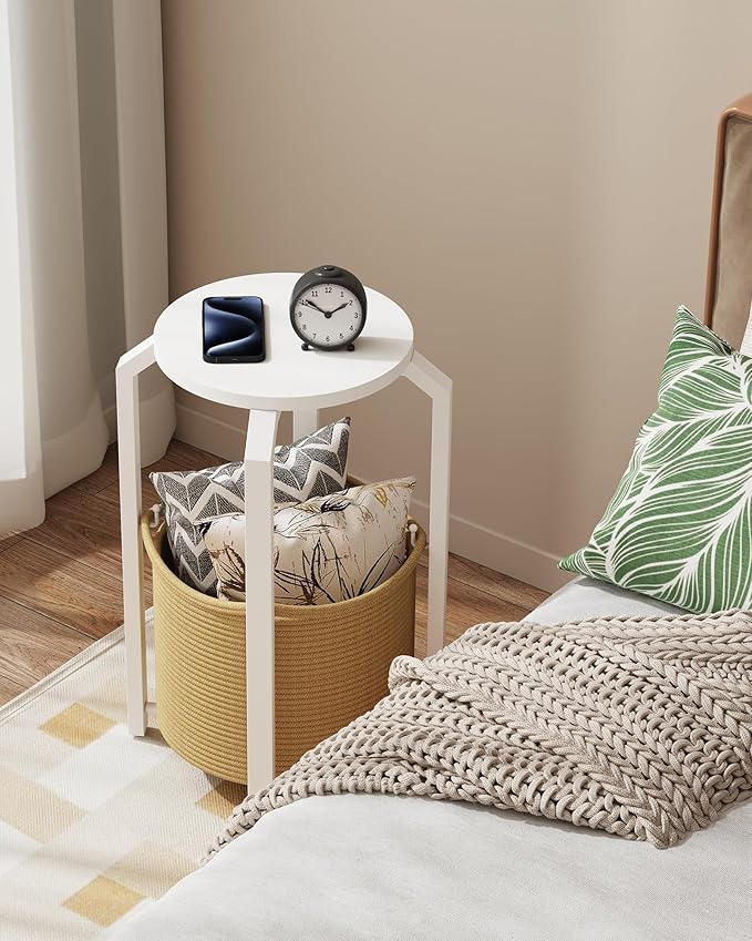 TUTOTAK Small Side Table, Round End Table, Night Stand, Bedside Table, Sofa Table with Storage Basket, Living Room, Bed Room, White and Beige TB01BWN092