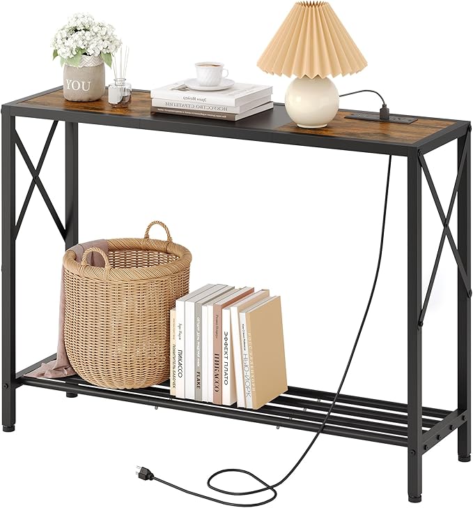 Tajsoon Console Table with Charging Station, 41.8" Entryway Table with Shelves, 2-Tier Narrow Sofa Table, Long Behind Couch Table, for Entryway, Foyer, Living Room, Hallway, Brown & Black