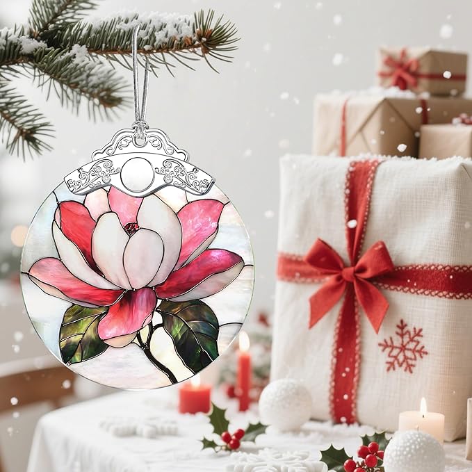 Stained Glass Magnolia Flower Christmas Ornament: Christmas Tree Ornaments & Decor, Holiday Decor – Holiday Presents, Gift Exchange Ideas & Elegant Keepsake for Family, Coworkers & Friends