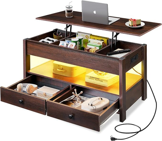 WLIVE Coffee Table, Lift Top Coffee Table with 2 Drawers, LED Light, Large Hidden Compartment and Open Shelf, Lift Tabletop, Dining Table for Living Room, Espresso