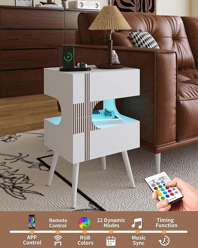 White Nightstand with Charging Station and LED Lights,Modern Bedside Table with 2 Storage Drawer,Night Stand with Solid Wood Legs,White (White-2)