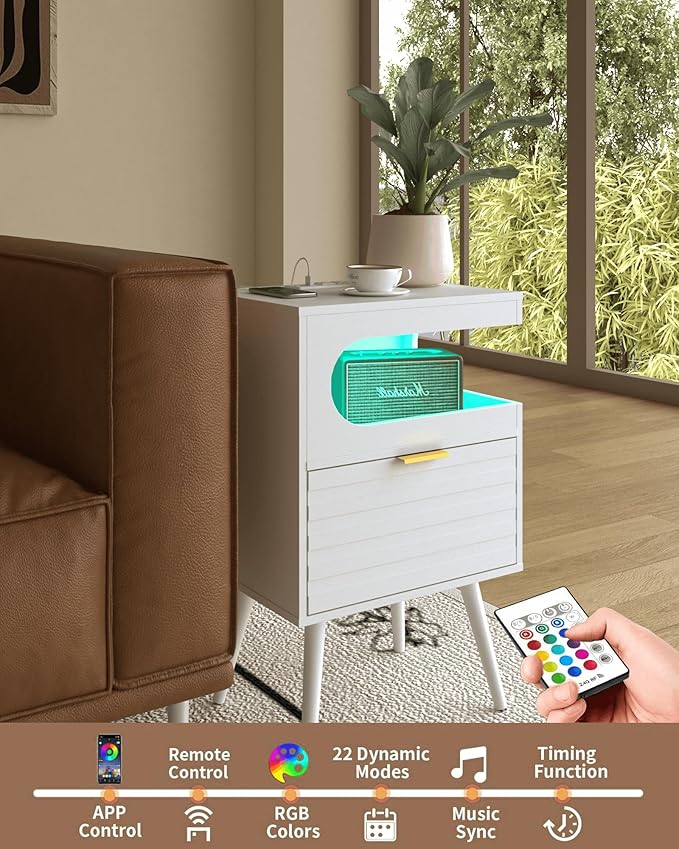 White Nightstand with Charging Station and LED Lights,Modern Bedside Table with Storage Drawer,Night Stand with Solid Wood Legs,White (White-1)