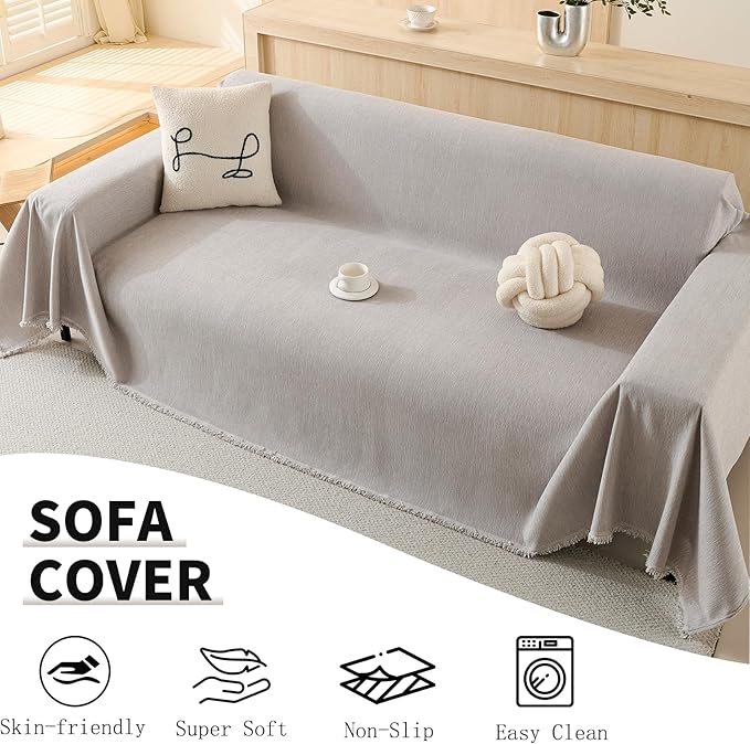 100% Waterproof Couch Cover for Pets Washable Sofa Covers for 3-4 Cushion Couch Sofa SlipCover for Dogs Pet-Friendly Furniture Protector for Living Room with Tassel(71" x 118", Light Gray)