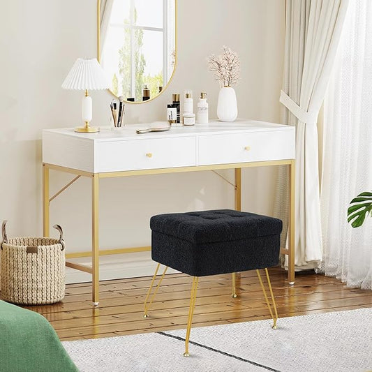 Vanity Chair with Storage, 15.7" L x 11.8" W x 17.7" H Teddy Velvet Vanity Stool with Coffee Table and Metal Legs, Multifunctional Makeup Stool for Vanity, Bedroom, and Living Room, Black