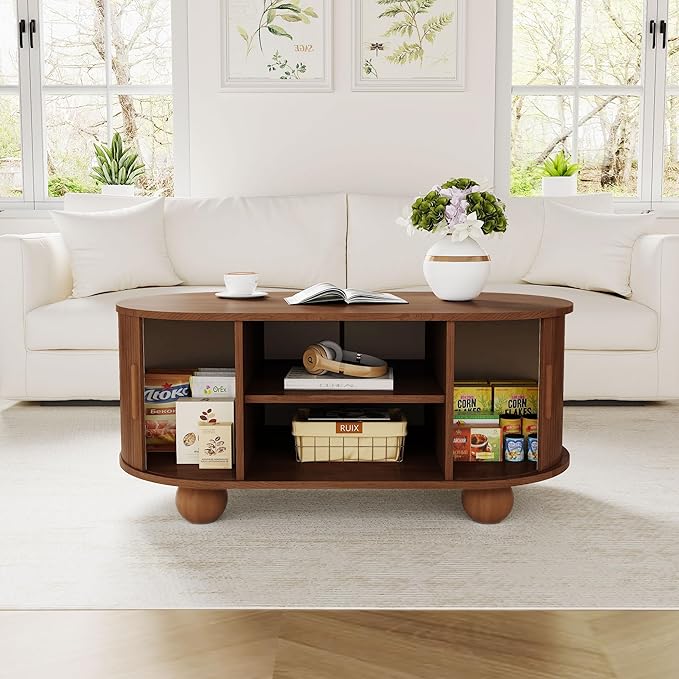 Rectangle Coffee Table, Fluted Coffee Tables for Living Room, Mid-Century Coffee Table Center Table with Storage & Sliding Doors for Apartment, Home Office (Walnut)