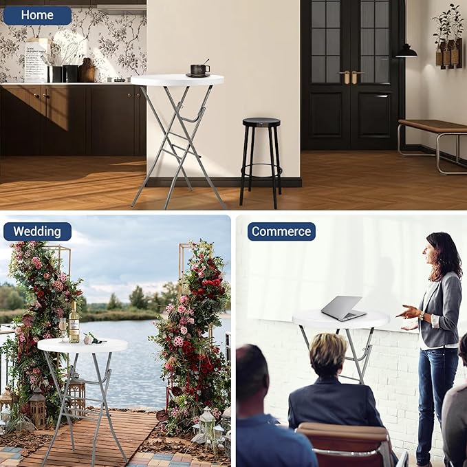 28in Cocktail Table White High Top Folding, Round Portable Bar Height Folding Table with Removable Legs, Indoor Outdoor Banquet for Parties, Commercial, Speech, School