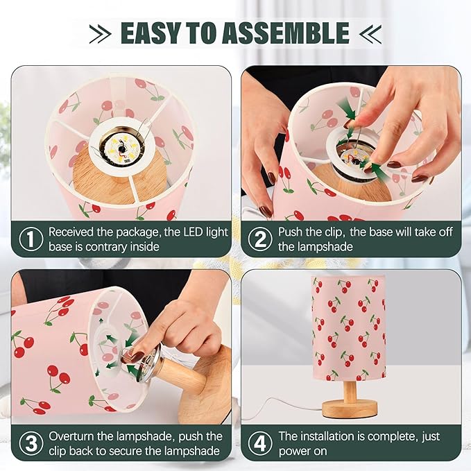 Table Lamp Pretty Cherry Pattern on Pink Nightstand Lamp with Wood Base Fabric Lamp Shade Bedside Desk Lamp for Living Room Bedroom Kids Room Office