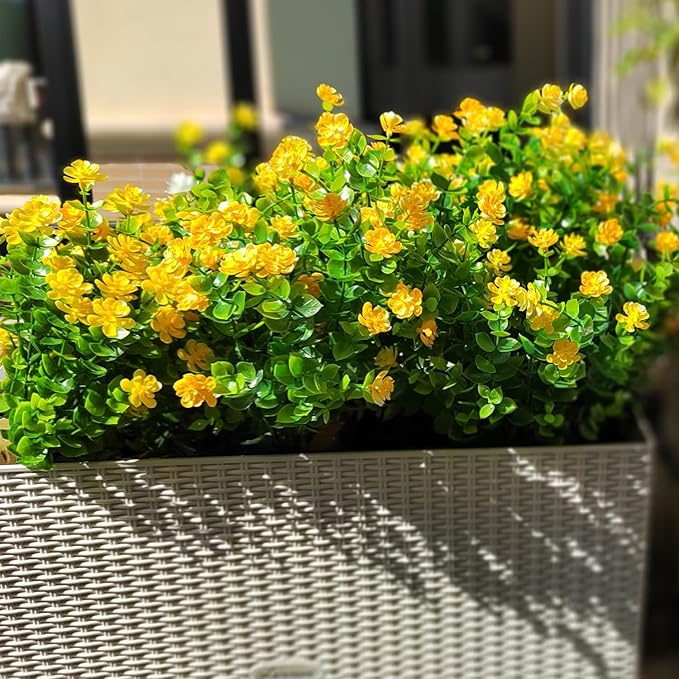 12 Bundles Artificial Flowers for Outdoors, UV Resistant Fake Flowers with Plastic Plants, Faux Flowers for Outside Window Box Front Porch Hanging Planter Decor (Yellow)