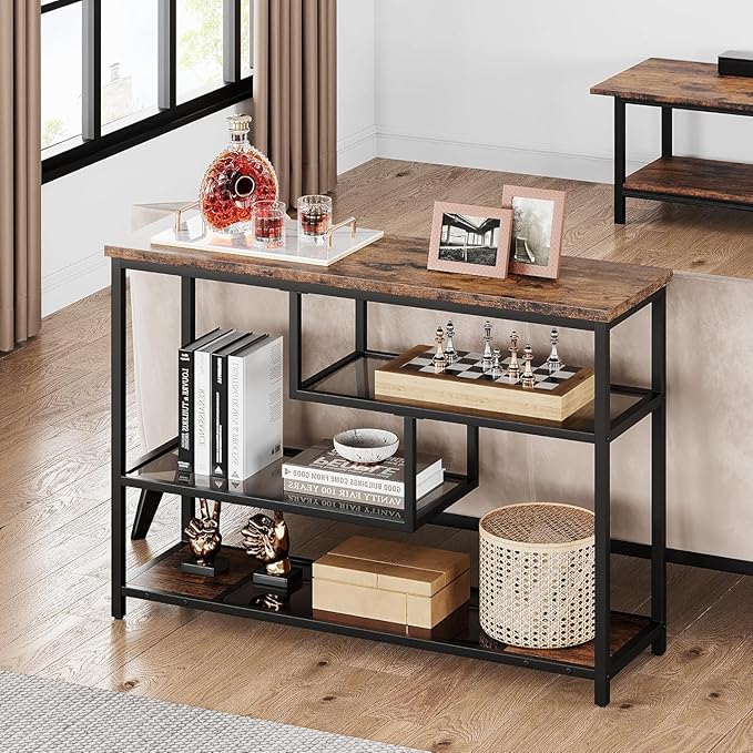 IDEALHOUSE 39.4" Console Table 4-Tier Narrow Entryway Table with Glass Storage Shelf and Metal Frame for Hallway, Living Room, Foyer, Bedroom, Corner Tables, Small Space Furniture, Rustic Brown