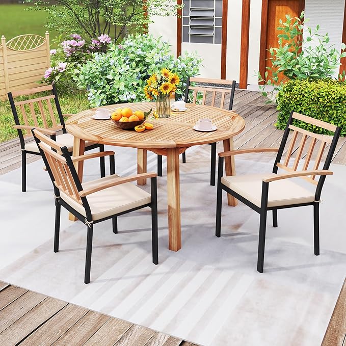 Tangkula Outdoor Round Dining Table for 4-6 People, 53 inch Patio Table with Acacia Wood Tabletop, 2 inch Umbrella Hole, Farmhouse Dining Furniture for Yard, Deck, Garden, Poolside