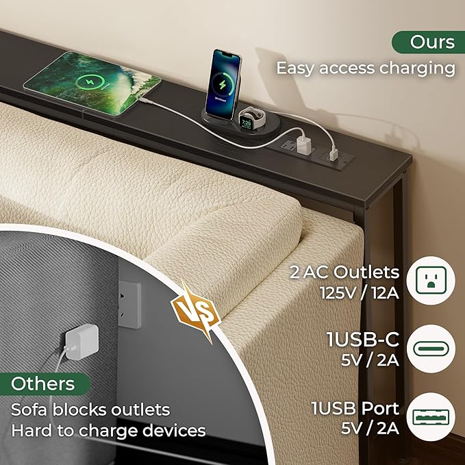 SUPERJARE 102.4 Inch Sofa Table with Power Outlets and USB-C Ports, 5.9 Inch Narrow Console Tables, Entryway Hallway Couch Tables with Storage, Behind Sofa, Small Spaces, Living Room, Black