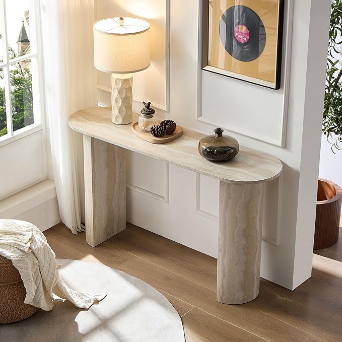 55.12" Faux Marble Pattern Entryway Table - Modern Narrow Console Table for Living Room and Hallway,Beige