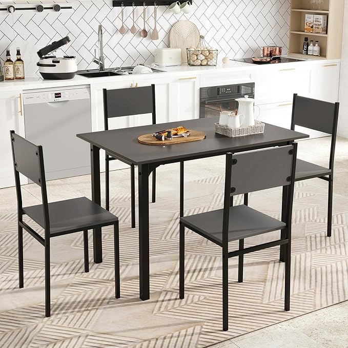 GOFLAME 5-Piece Dining Table Set, Industrial Kitchen Table and Chairs for 4 with Backrest and Metal Frame, Rectangular Space-Saving Dinette Set for Dining Room, Apartment, Small Space, Grey