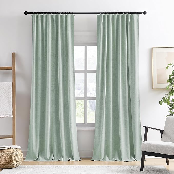 Light Green Linen Blackout Curtains 96 Inch Long for Living Room,2 Panels Pinch Pleated Drape with Hooks Back Tab Boho Decor, Textured Full Black Out Curtains for Bedroom 50 x 96