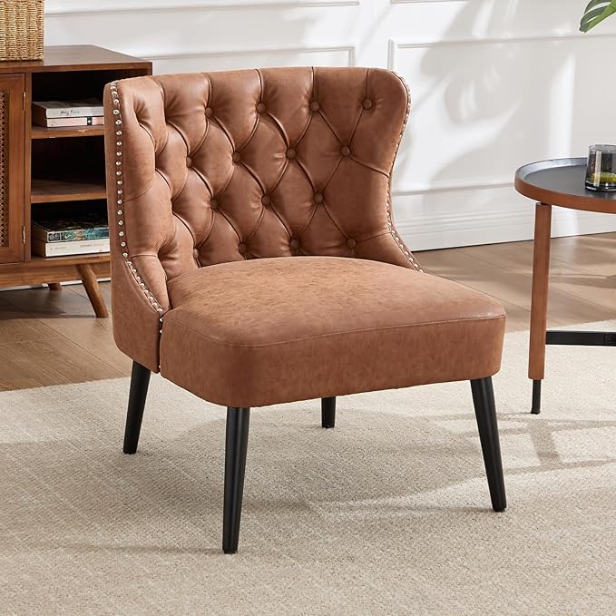 chairus Tufted Slipper Accent Chair, Armless Faux Leather Living Room Chair with Nailhead Trim, Mid-Century Modern Upholstered Wingback Side Chair for Bedroom Reception Apartment Office, Brown PU