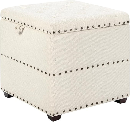 Adeco 18" White Square Storage Ottoman with Tray, Modern Cube Ottoman Coffee Table for Dorm, Bedroom
