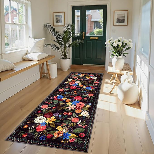 Black Rug for Hallways Kitchen Rug 2x8, Non Slip Washable Rugs with Rubber Backing Soft Floral Carpet Runner for Hallways, Kitchen, Laundry, Bedroom, Bathroom(2 x 8, Black Lawn)
