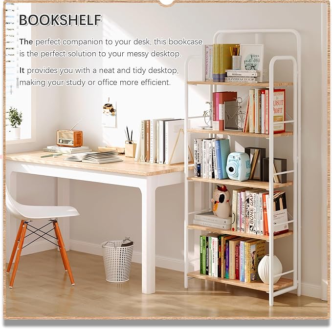 4NM No Assembly Folding Bookshelf, 5 Tiers Collapsible Book Shelves Open Industrial Foldable Storage Bookcase Shelf for Bedroom, Living Room, Home Office - Natural and White