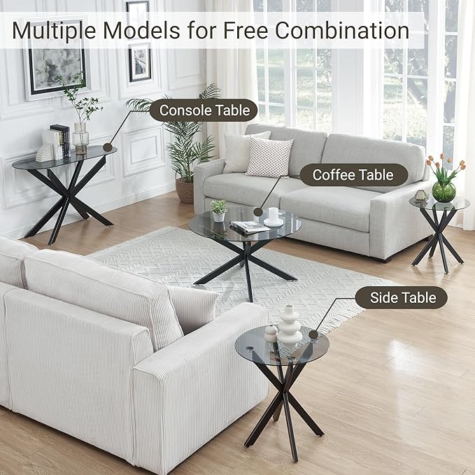 Round Glass Coffee Tables for Living Room, Home Office, Modern & Simple Center Table with Gray Tempered Glass Top, 35.5" Wx19.7 H Black