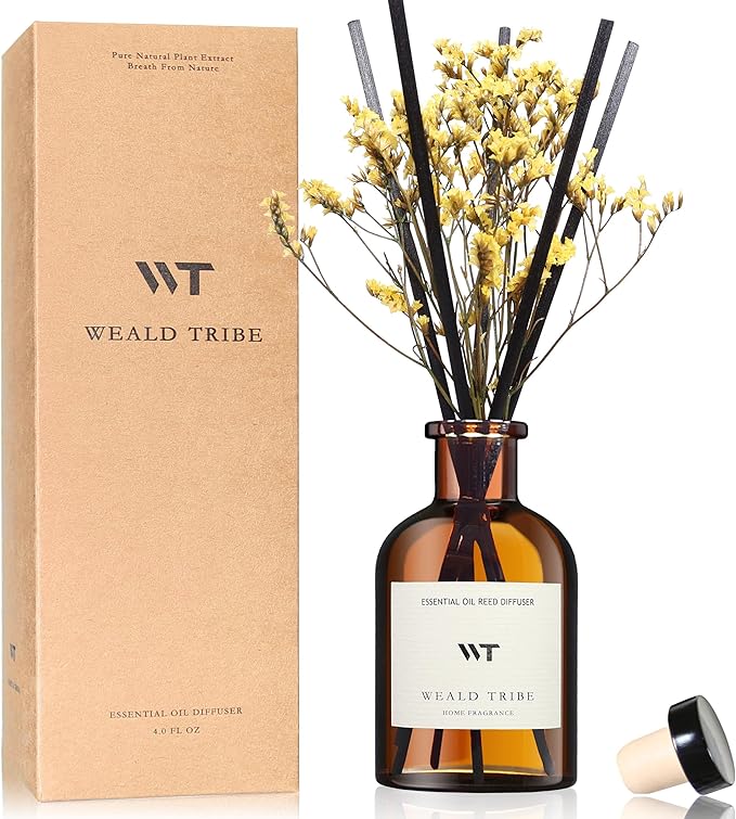 WEALD TRIBE Reed Diffuser Set for Bathroom Air Fresheners, Oil Diffuser Sticks with Flower | Lemongrass Scent 4.0 fl oz Home Fragrance with Sticks Defusers | House Bedroom Office Shelf Decor