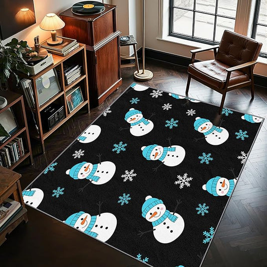 Snowman Rug Blue - 5x7 Rug, Snowflake Living Room Rugs, Snowman Bedroom Rugs, Kids Cartoon Xmas Carpet, Christmas Home Decor & Gifts