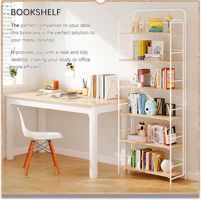 4NM No Assembly Folding Bookshelf, 6 Tiers Collapsible Book Shelves Open Industrial Foldable Storage Bookcase Shelf for Bedroom, Living Room, Home Office - Natural and White