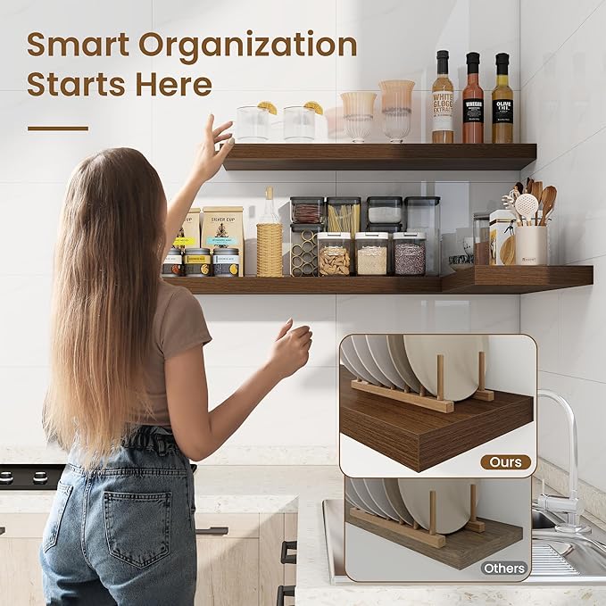 16in Floating Shelves for Wall, 16"W x 9.25"D x 1.25"H, 2 Pack Long Wall Mounted Engineered Wood Shelves with Invisible Brackets for Living Room, Bedroom, Bathroom, Kitchen Decor and Storage, Walnut