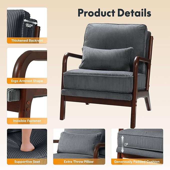 FLEXISPOT AC1 Accent Chairs Set of 2, Upholstered Mid Century Modern Corduroy Armchairs with Solid Wood Frame, Comfy Lounge Reading Chairs Farmhouse Armchairs for Living Room, Bedroom, Balcony (Gray)