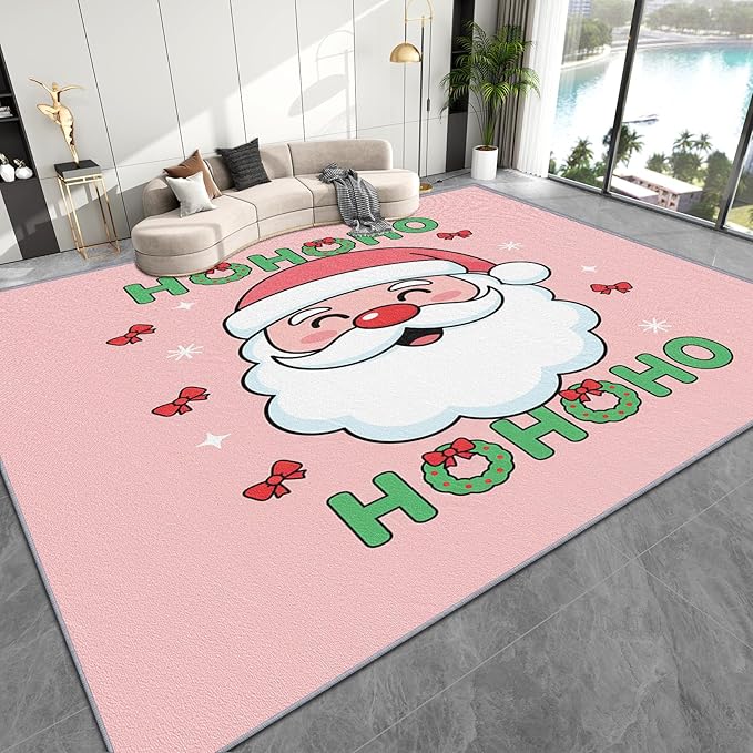 Santa Claus Rug - 6x8 Rug, Hohoho Living Room Rugs, Santa Claus Bedroom Rugs, Pink Christmas Carpet, Cartoon Xmas Kids Girls Boys Home Decor & Gifts