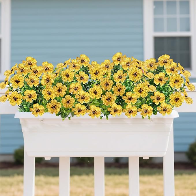 14 Bundles Artificial Flowers UV Resistant for Patio Outdoors Fake Faux Silk Plants Realistic Plastic Flowers Indoors Porch Window Home Decoration (14, Yellow)