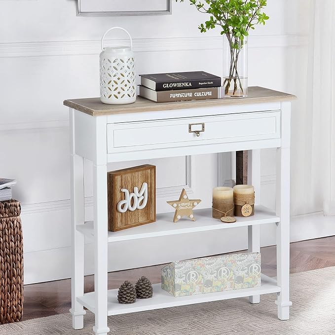 Console Sofa Table with Drawers, 3-Tier Farmhouse Entryway End Table with Open Storage Shelves, Accent Side Table for Hallway Living Room, Wooden Top, Handcrafted Finish (White)