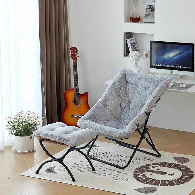 Comfy Folded Chair, Soft Faux Fur Oversized Folding Accent Chair, Flexible Lounge Lazy Chair for Adults Kids, Metal Frame Moon Chair for Dorm Room, Bedroom, Living Room