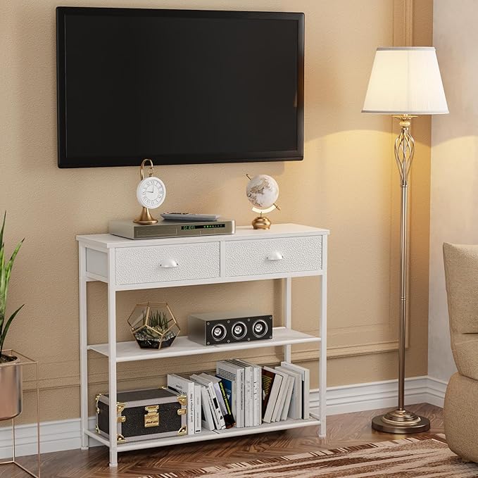 Furologee 30'' Entryway Table, White Console Table with Storage, Narrow Sofa Table with 2 Drawers and 2 Shelves for Hallway, Living Room, Bedroom, Foyer, Couch, Tv