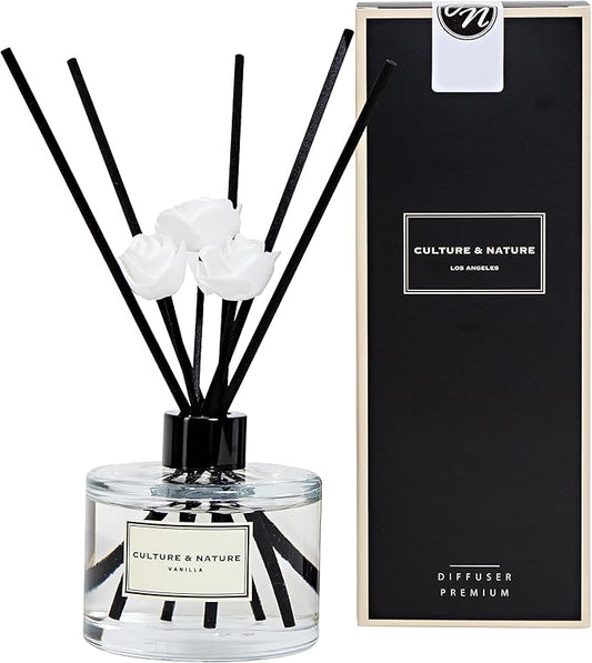 CULTURE & NATURE Reed Diffuser Set 6.7oz (200ml) Vanilla Scented Diffuser with Sticks Home Fragrance Reed Diffuser for Bathroom Shelf Decor