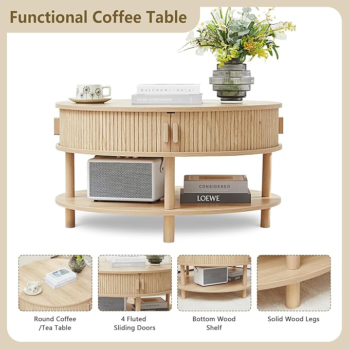 RARZOE 31.5" Round Coffee Table with Storage, Wood Circle Coffee Table with Sliding Cabinet Doors, Fluted Dining Table Accent Center Table for Living Room Home Office Apartment, Natural