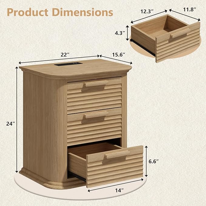 22'' Fluted Nightstand with Charging Station Set of 2, Modern End Table with 3 Drawers and Storage, Wood Side Table Dresser with Round Corner for Bedroom, Living Room, Curved Profile, Natural Oak