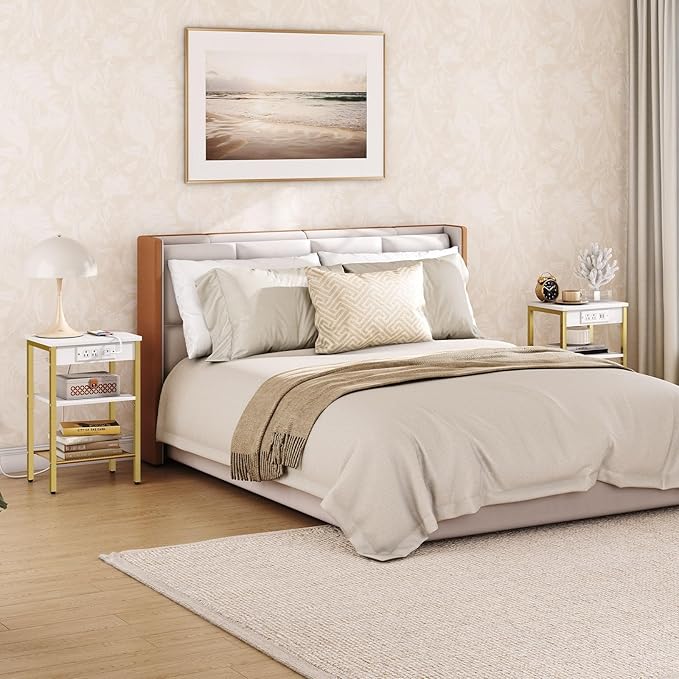 HOOBRO End Tables Set of 2 with Charging Station and USB Ports, 3-Tier Nightstands with Adjustable Shelves, Small Side Tables for Small Space in Living Room, Bedroom, White and Gold DW112BZP201G1