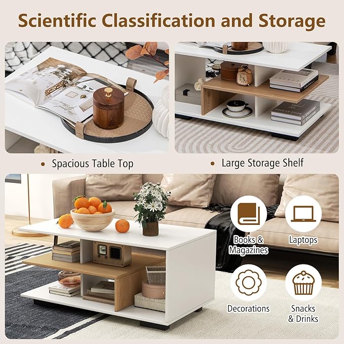 COSTWAY Morden Coffee Table with Storage Shelves, 36 Inch 3-Tier Rectangular Wooden Tea Table, Accent Center Table for Living Room Apartment Reception, White