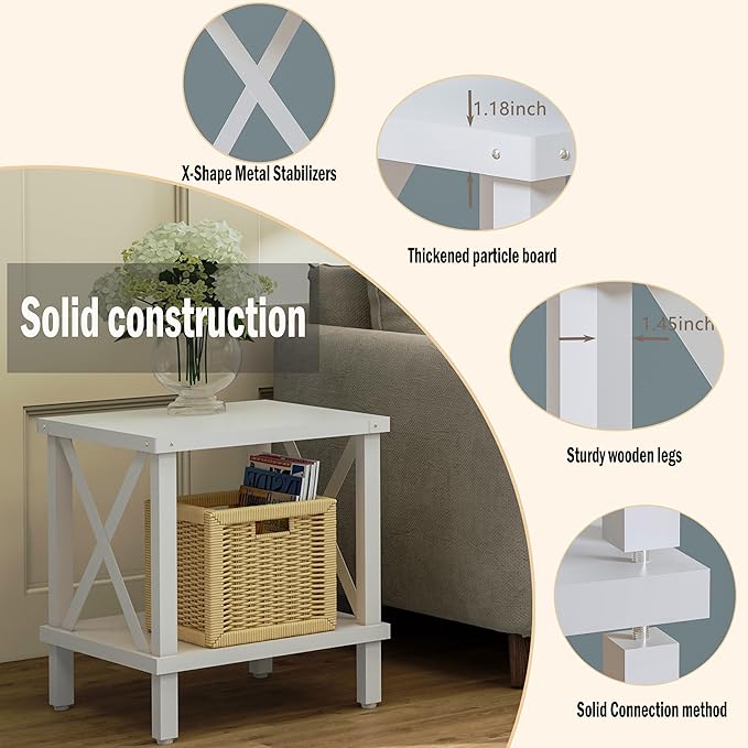 Large End Table Farmhouse Side Table Industrial Style Sofa Table Metal X Accent Wood Coffee Table NightStand with Storage Shelf for Living Room Bedroom White MLBZ16W