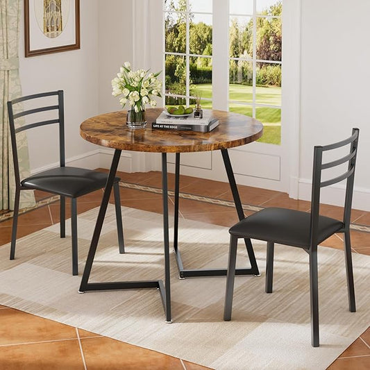 VECELO Small Round Kitchen Table with 2 Upholstered Chairs, 3-Piece Wood Dinette Sets with Steel Frame for Breakfast Nook, Dining Room, and Small Space, Brown