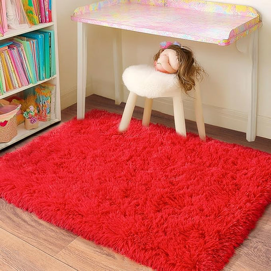 Small Area Rug, 2x3 Red Rug for Bedroom Shaggy Throw Rugs for Girls Room, Soft Carpet for Kids Room, Plush Non-Slip Fluffy Bedside Rug for Living Room Nursery Dorm Home Decor