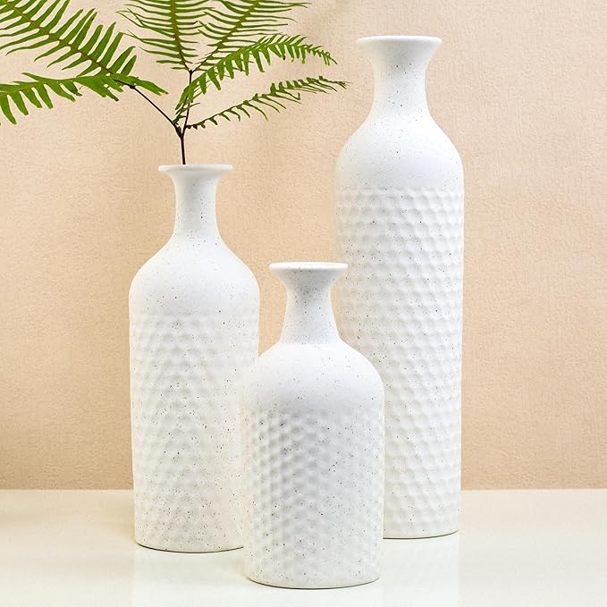 Small White Vases for Home Decor, Decorative Ceramic Vase Set, Matte Finish Honeycomb Texture, Modern Farmhouse Vases for Coffee Table, Bookshelf, Kitchen, Bathroom, Office Desk Decor