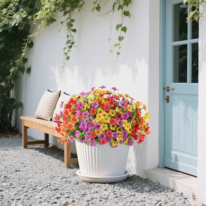 12 Bundles Artificial Flowers for Outdoor Indoor Summer Spring Flowers Home Decoration,Fake Silk Colorful Flower for Outside,Faux Daisy Plastic Flowers Plant,UV Resistant for Garden Porch Patio Decor
