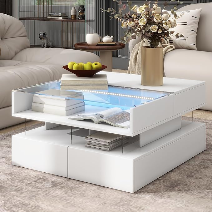Lift Top Coffee Table with 2 Drawers and LED Lights, Modern 29.5" Square High-Gloss Center Table Cocktail Tea Table with Glass Top and Hidden Space for Living Room Apartment White