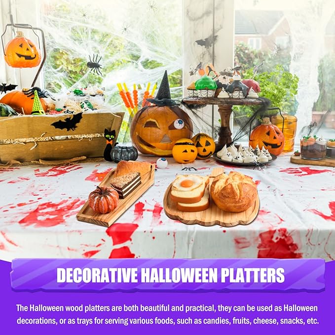 FOBSME 2 Pcs Halloween Wooden Charcuterie Boards Pumpkin and Coffin Shape Serving Platters Fall Wood Serving Trays Decorative Wooden Snack Dish Plates for Halloween Holiday Housewarming Presents