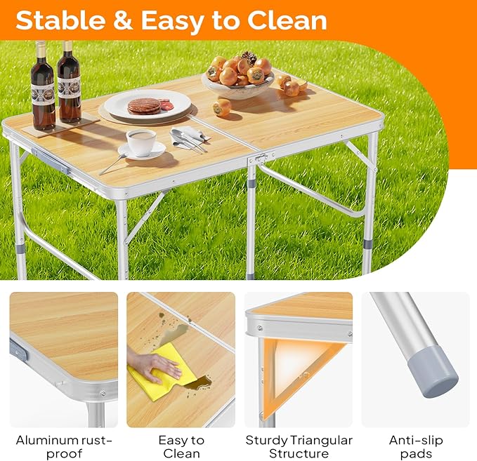 VINGLI 3FT Small Camping Table Adjustable Height Aluminum Folding Table for Picnic Party BBQ, Plastic RV Suitcase Table Portable Lightweight Fold Up Utility Outdoor Tables with Carrying Handle …