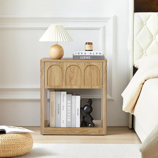 Wood Nightstand, 19.69" Wide Bedside Table with Arched Finish, Modern Night Stands with Curved Profile, Mid Century End Table for Bedroom Living Room (Natural)