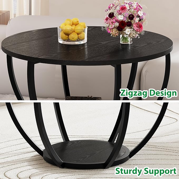 HOMERECOMMEND Round Coffee Table,Wooden 2-Tier Circle Coffee Tables with Storage Shelves,Accent Center Table for Living Room, Sofa Table for Home Office, Black